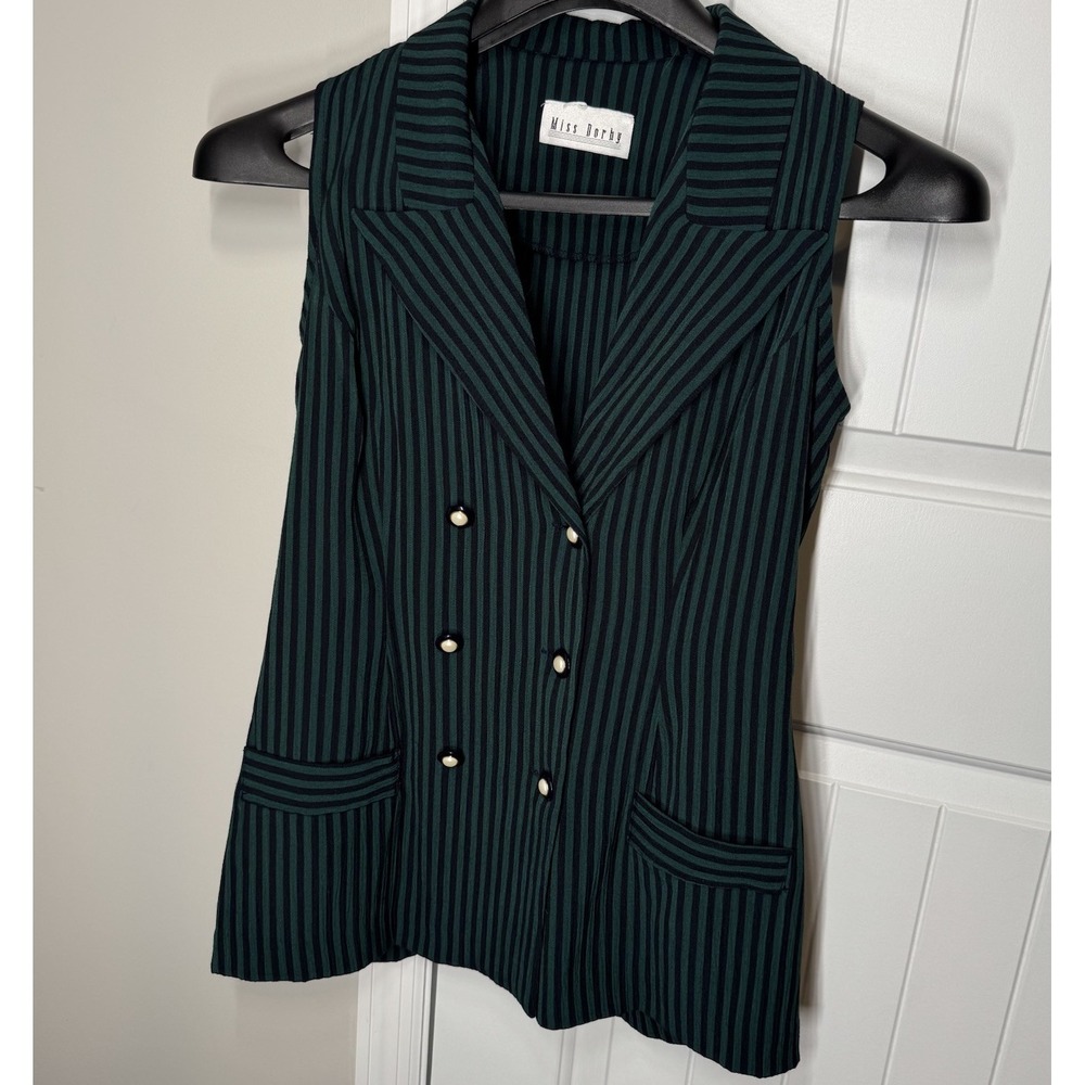 Vtg Miss Darby Womens M/L Green Black Striped Double Breasted Vest